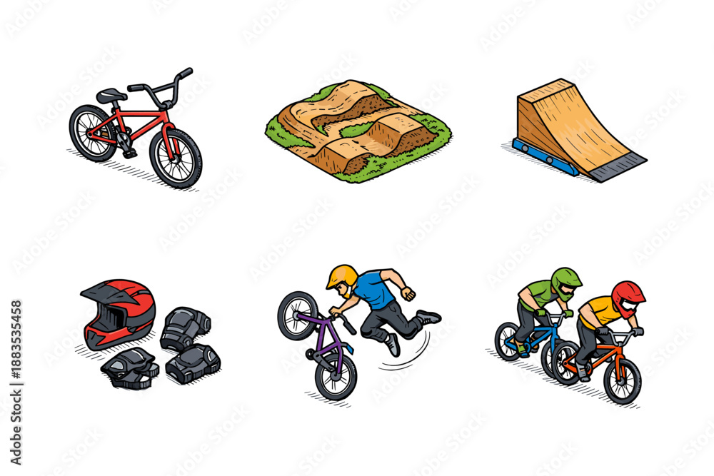 Fototapeta premium Bmx adventure icons: cycling, stunts, and gear in colorful cartoon style