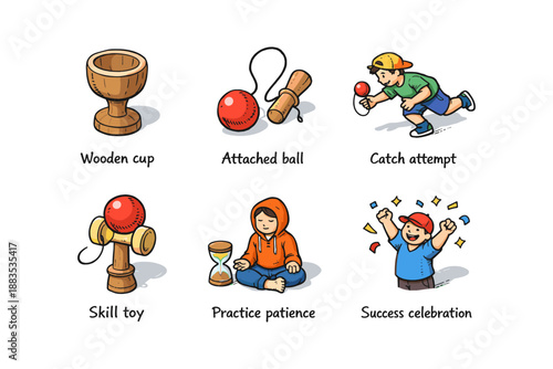 Kendama toy activities and examples with playful cartoon characters