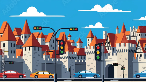 Vector illustration of Nuremberg cityscape featuring medieval-inspired generic rooftops, city walls shapes, and modern street life in flat solid colors for tourism and heritage design use