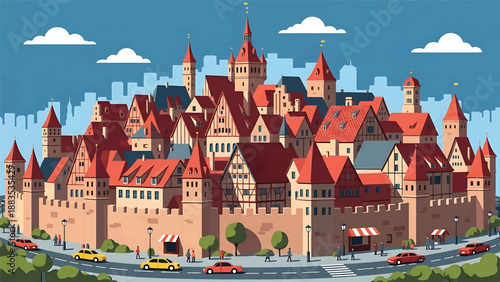 Vector illustration of Nuremberg cityscape featuring medieval-inspired generic rooftops, city walls shapes, and modern street life in flat solid colors for tourism and heritage design use