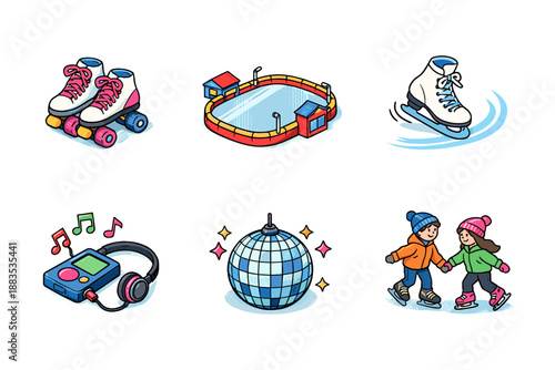 Retro roller skates and ice rink icons with disco theme and skating couple