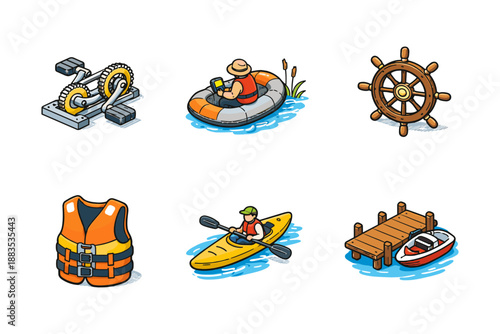 Outdoor water adventure icons: rafting, canoeing, and more in isometric style
