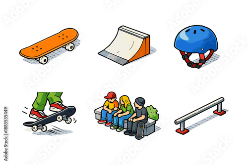 Vibrant skateboarding elements with riders and gear in isometric style
