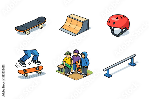 Colorful isometric skateboarding elements with ramps, skateboard, and enthusiasts