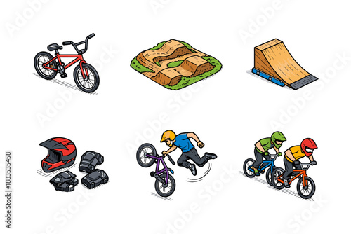 Bmx adventure icons: cycling, stunts, and gear in colorful cartoon style