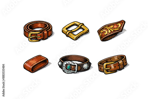 Set of vintage leather belts with decorative buckles on white background