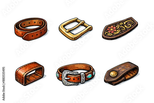 Intricate leather and metal belt components with floral designs and turquoise accents