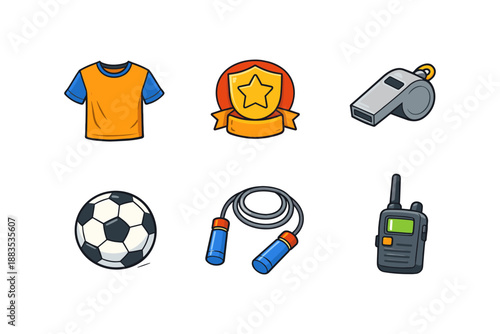Sports equipment icons set: jersey, award, whistle, soccer ball, jump rope, walkie talkie