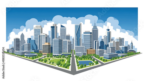 Vector illustration of Hanover cityscape presenting a clean planned German city with generic modern buildings, green parks, and wide streets in flat vector style for urban and travel themes