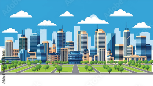 Vector illustration of Hanover cityscape presenting a clean planned German city with generic modern buildings, green parks, and wide streets in flat vector style for urban and travel themes