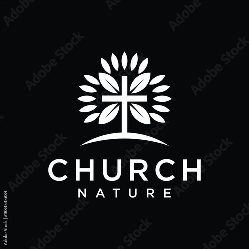 Rooted plant flower and christian cross crucifix for church logo design inspiration