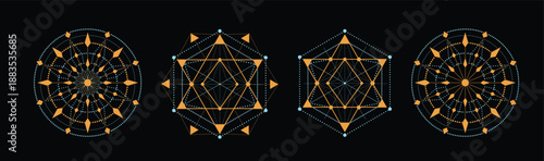 Sacred geometry vector illustration set with abstract cosmic symbols on black background