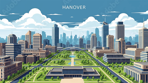 Vector illustration of Hanover cityscape presenting a clean planned German city with generic modern buildings, green parks, and wide streets in flat vector style for urban and travel themes