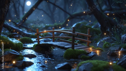 Wooden bridge over glowing stream in enchanted forest at night, fantasy scene with fireflies and moonlight