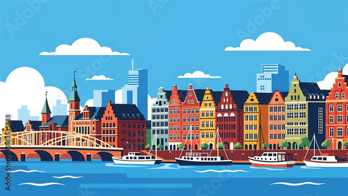Vector illustration of Bremen cityscape showing a riverside German city with generic historic-inspired buildings, bridges, and harbor atmosphere in flat solid colors for cultural and travel visuals