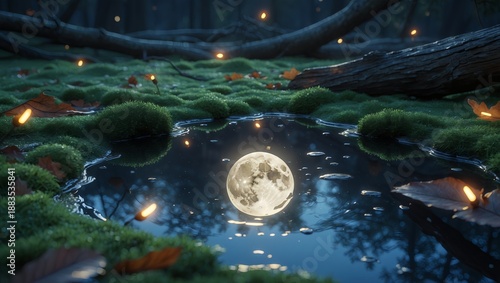 Full moon reflected in forest puddle surrounded by moss and autumn leaves, magical night illustration with glowing lights
