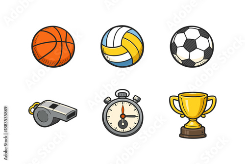 Colorful sports icons: basketball, volleyball, soccer, whistle, stopwatch, trophy