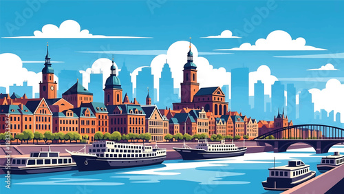 Vector illustration of Bremen cityscape showing a riverside German city with generic historic-inspired buildings, bridges, and harbor atmosphere in flat solid colors for cultural and travel visuals
