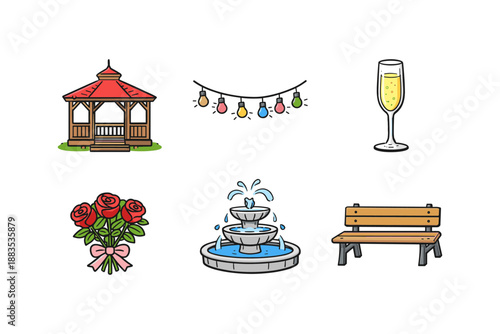 Charming outdoor celebration elements: gazebo, lights, roses, fountain, bench, and glass