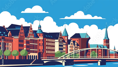 Vector illustration of Bremen cityscape showing a riverside German city with generic historic-inspired buildings, bridges, and harbor atmosphere in flat solid colors for cultural and travel visuals