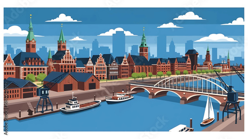 Vector illustration of Bremen cityscape showing a riverside German city with generic historic-inspired buildings, bridges, and harbor atmosphere in flat solid colors for cultural and travel visuals