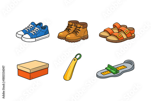 Colorful shoe collection with accessories in cartoon style