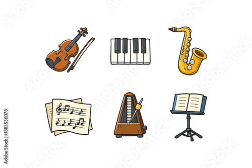 Colorful musical instrument icons: violin, piano, saxophone, sheet music, metronome, music stand