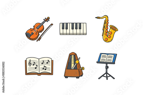 Colorful musical instruments and accessories in simple outline style