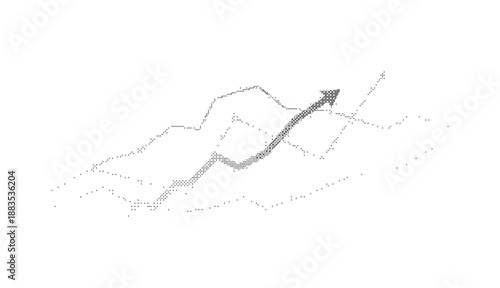 Dithered business growth graph wave. Monochrome pixel noise texture. Retro digital dashboard style backdrop.