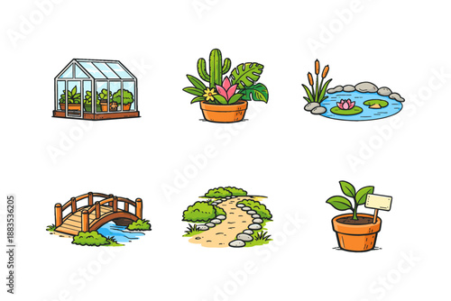 Nature elements set: greenhouse, water pond, potted plants, wooden bridge, garden path