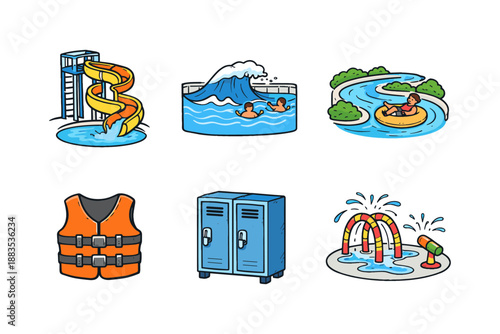 Water park fun: slides, river tube, wave pool, play area, locker, life vest