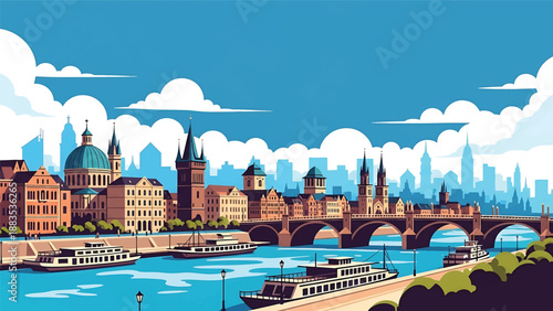 Vector illustration of Bremen cityscape showing a riverside German city with generic historic-inspired buildings, bridges, and harbor atmosphere in flat solid colors for cultural and travel visuals