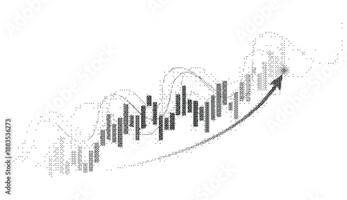 Pixelated dither marketing growth wave chart. Black and white analytics curve. Glitch bitmap raster background.