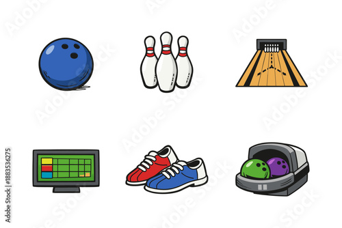Bowling icons collection: ball, pins, lane, equipment, and accessories