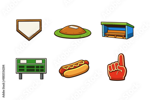 Baseball icons set: home plate, scoreboard, hot dog, bleacher, foam finger
