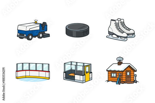 Ice rink essentials: zamboni, puck, skates, and winter cabin