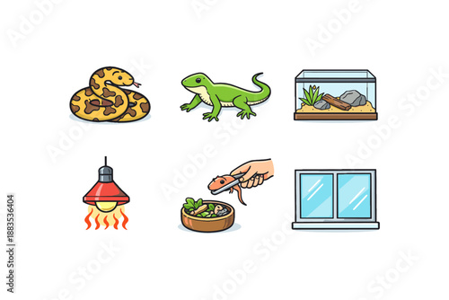 Reptile care essentials: snake, lizard, tanks, and feeding in cute cartoon style