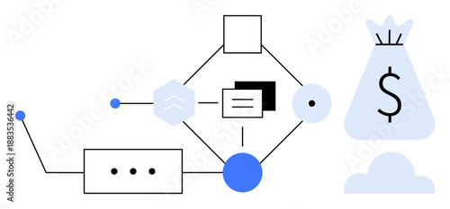 Abstract design showing financial connections with a money bag, cloud, and digital network elements. Ideal for fintech, digital banking, investments, online payments, data exchange, innovation