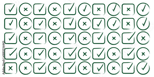 Grunge vector checkmark and cross. Grunge green check mark and red cross mark icon set. brush correct or incorrect sign with circle