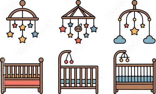 Scandinavian Baby Crib Mobile & Bed Icons  Newborn Nursery Accessories in Doodle Style