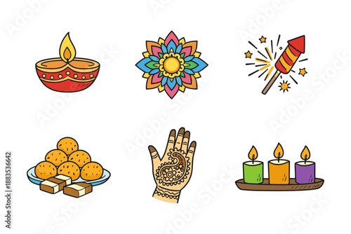 Diwali celebration icons: traditional diyas, sweets, henna, and fireworks in colorful flat style