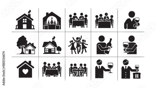Collection of family home and celebration icons isolated on transparent background