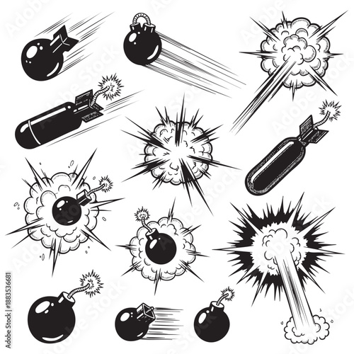 Collection of cartoon bombs exploding with dynamic smoke and sparks