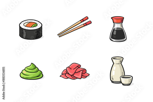 Japanese cuisine icons: sushi, wasabi, soy sauce, chopsticks, pickled ginger, and sake