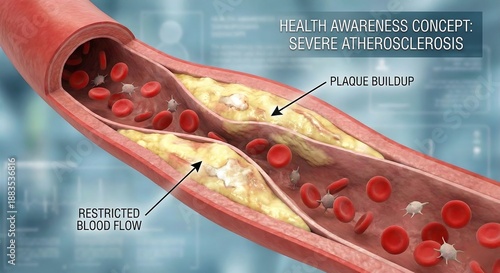 Severe Atherosclerosis Health Awareness Concept Showing Plaque Buildup and Restricted Blood Flow in Artery.