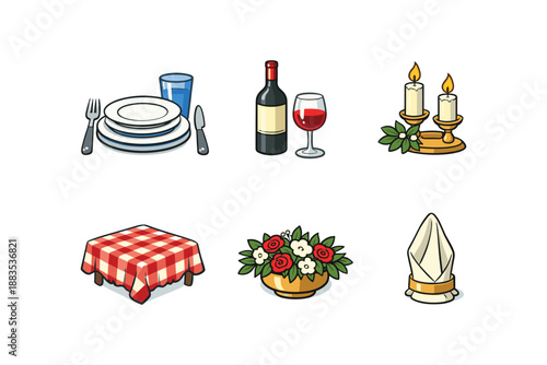 Elegant dining icons featuring tableware, wine, candles, and floral arrangements