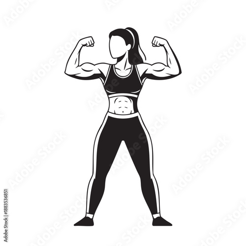 Female fitness character flexing muscles in workout clothing isolated
