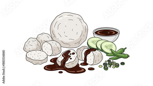 Assorted dumplings with dipping sauce and fresh ingredients.