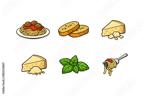 Italian cuisine elements: pasta, garlic bread, cheese, basil in flat style