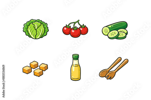 Fresh salad ingredients: cabbage, cherry tomatoes, cucumbers, croutons, dressing, wooden utensils